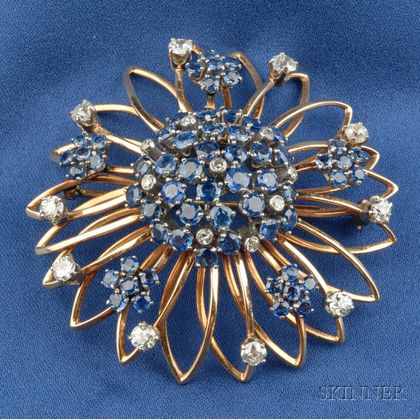 14kt Gold, Sapphire and Diamond Flower Brooch