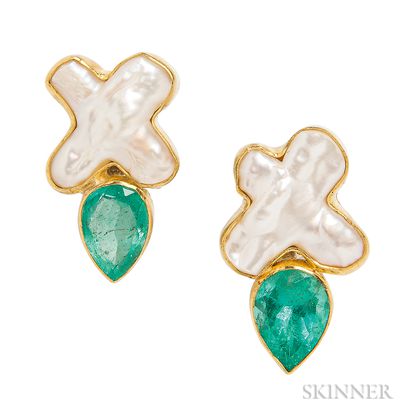 22kt Gold, Freshwater Biwa Pearl, and Emerald Earrings, Sam Shaw