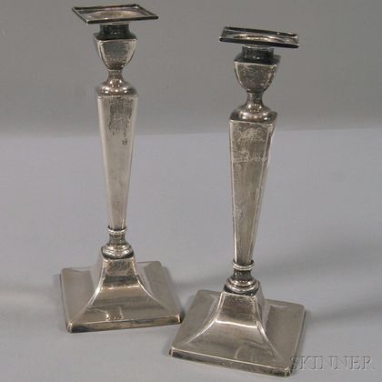 Pair of Matthews Co. Weighted Square-based Sterling Silver Candlesticks