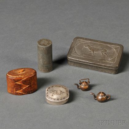 Four Small Boxes and Two "ONE CENT" Miniature Copper Teapots