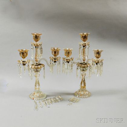 Pair of Colorless, Gilt, and Etched Glass Girandoles