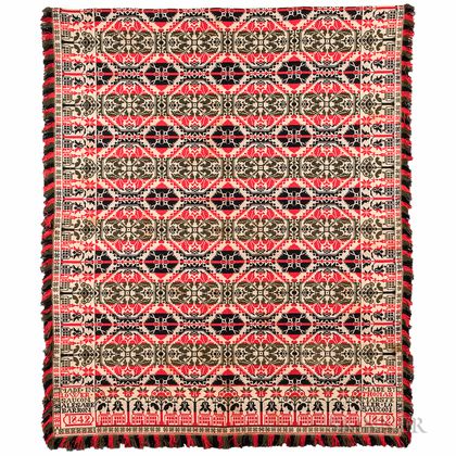 Red, Blue, and Green Woolen Jacquard Coverlet