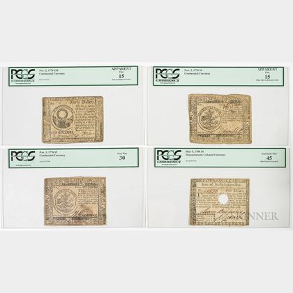 Three Continental Currency Notes and a Massachusetts Note