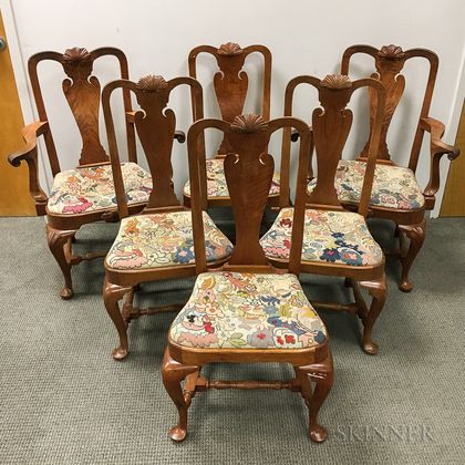 Set of Six Queen Anne-style Carved Walnut Dining Chairs