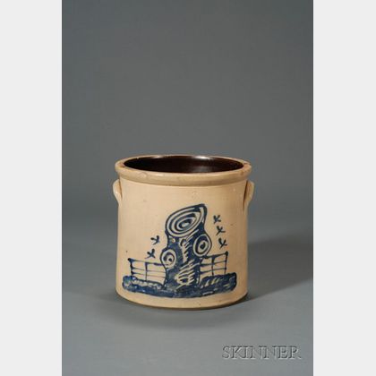 Cobalt Blue Decorated Stoneware Crock with Tree Stump, Fence, and Bees