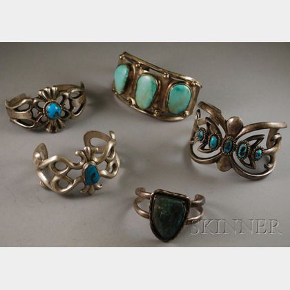 Five Southwestern Silver and Turquoise Bracelets. 