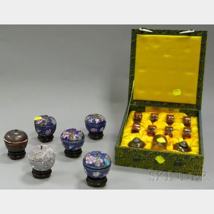 Chinese Presentation Boxed Eleven-piece Cloisonne Table Set and a Boxed Set of Six Chinese "Cloisonne Process" Samples