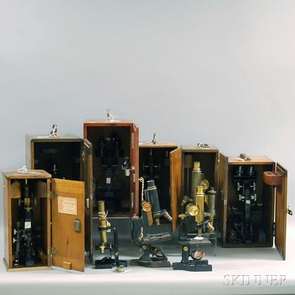Nine Modern Microscopes in Wooden Boxes