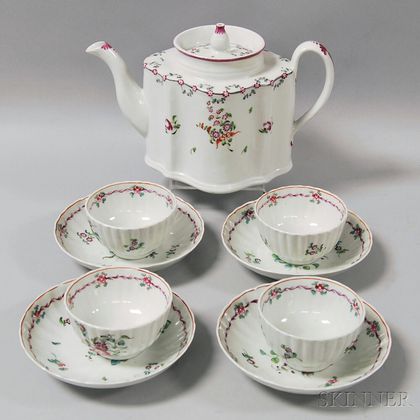 Newhall Porcelain Teapot and Four Porcelain Cups and Saucers with Floral Decoration