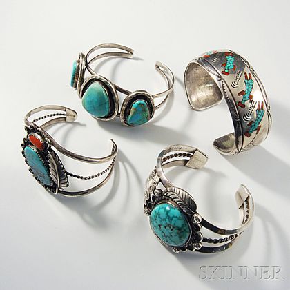 Four Sterling Silver and Turquoise Cuffs