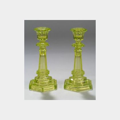 Pair of Canary Yellow Pressed Glass Candlesticks