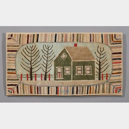 Wool and Cotton Hooked Rug with House