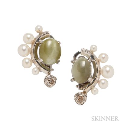 14kt White Gold, Cat's-eye Chrysoberyl, Cultured Pearl, and Diamond Earclips