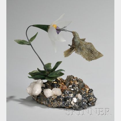 Geode and Carved Jade Floral and Hummingbird Figural Group