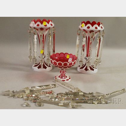 Pair of Bohemian Cased White-cut-ruby Art Glass Garniture Lustres and a Compote