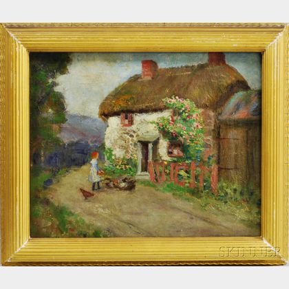Continental School, 19th/20th Century Thatched Cottage with Girl Feeding Chickens
