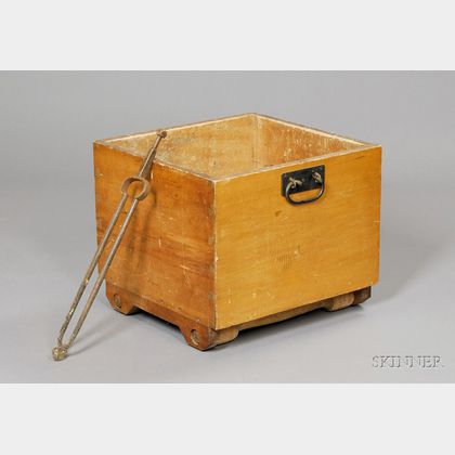 Shaker Pine and Oak Yellow-washed Rolling Wood Box, with Shaker Iron Tongs