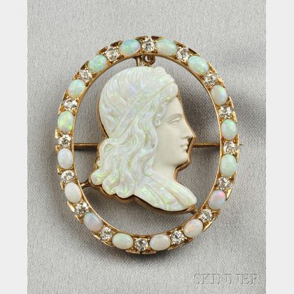 14kt Gold, Carved Opal, Opal, and Diamond Pendant/Brooch