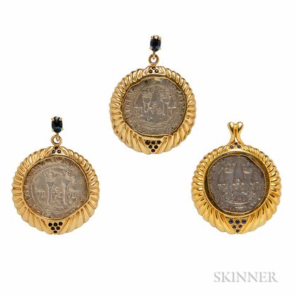 14kt Gold, Sapphire, and Ancient Coin Earrings and Pendant