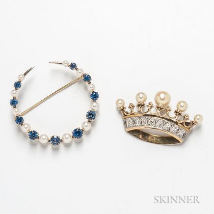 14kt Gold, Pearl, and Sapphire Crescent Brooch and a 14kt Gold, Diamond, and Pearl Crown Brooch