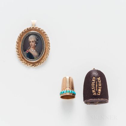 14kt Gold Thimble and 18kt Gold Portrait Cameo Pendant/Brooch