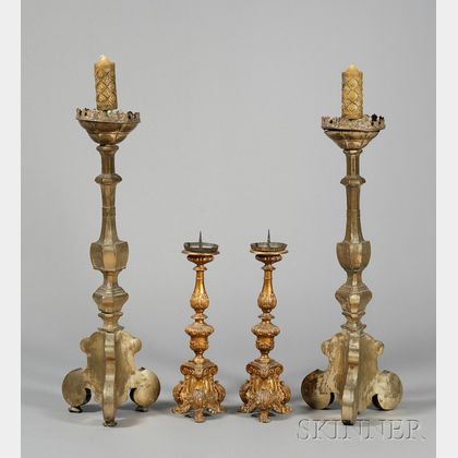 Two Pairs of Continental Baroque Brass and Giltwood Pricket Sticks