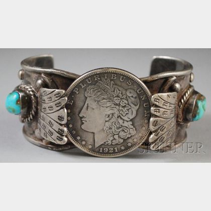Navajo Turquoise, Coral, and Silver Dollar Cuff Bracelet