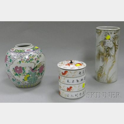 Chinese Decorated Porcelain Cylindrical Vase, Enamel-decorated Jar, and Four-stack Food Container. Estimate $500-700