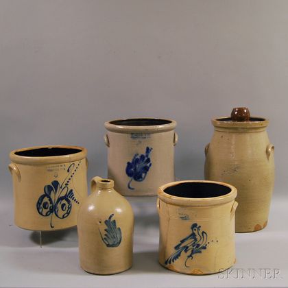 Five Cobalt-decorated Stoneware Vessels