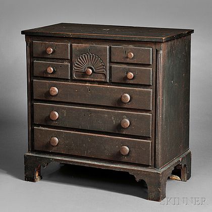 Diminutive Brown-painted Cherry Carved Chest of Drawers