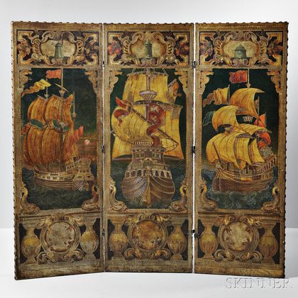 Embossed and Polychrome Painted Leather Folding Screen from Thomas W. Lawson's Dreamwold Estate, Scituate, Massachusetts