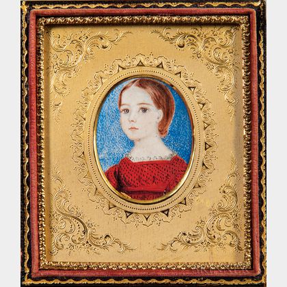 American School, Early 19th Century Miniature Portrait of a Girl in a Red Dress