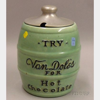 "Try Van Dole's for Hot Chocolate" Glazed Pottery Retail Advertising Counter Urn with Aluminum Cover