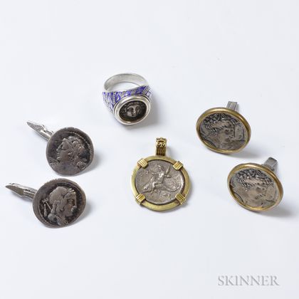 18kt Gold and Ancient Coin Pendant, Two Pairs of Ancient Coin Cuff Links, and an Enameled Ring