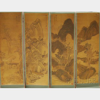 Three 19th Century Japanese Watercolor Mountain Landscape Scrolls and a View of Homes Scroll. 
