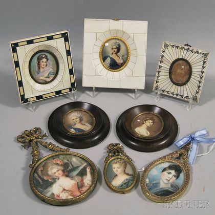 Seven Framed Miniature Portraits of Women and a Frame