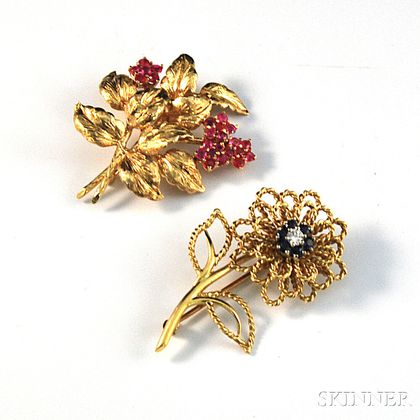 Two 14kt Gold Gem-set Flower Pins