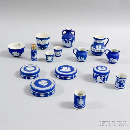 Fifteen Small Wedgwood Dark Blue Jasperware Items