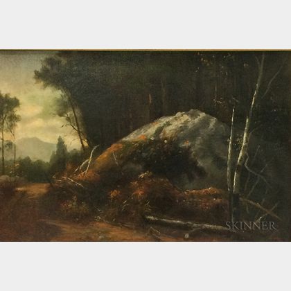 White Mountain School, 19th/20th Century Autumn Landscape with Foreground Boulder and Distant Mountain