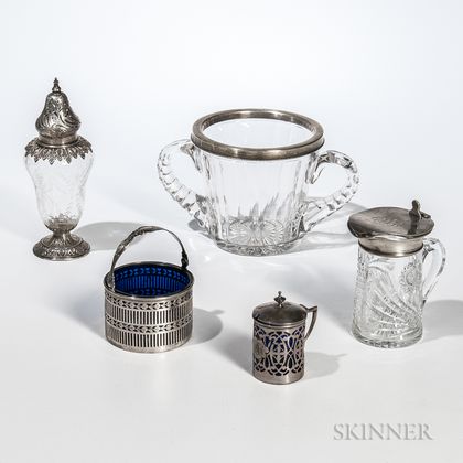 Five Pieces of Sterling Silver-mounted Glass Tableware