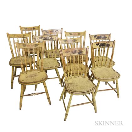 Assembled Set of Ten Yellow Paint-decorated Thumb-back Windsor Side Chairs