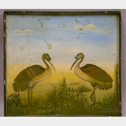 Folk Painted Storks in a Landscape Wooden Panel