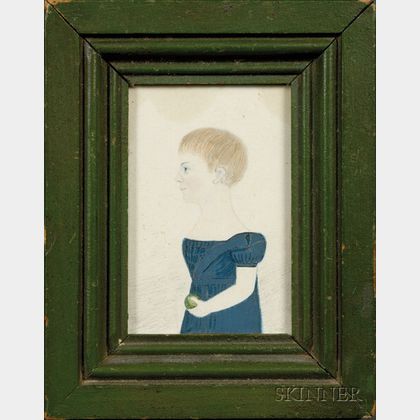 Portrait Minaiture of a Girl in Blue Dress Holding a Green Apple