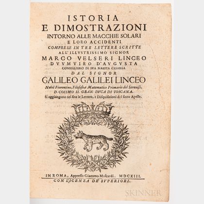 Galileo, Galilei (1564-1642) Istoria e Dimostrazioni Intorno alle Macchie Solari e Loro Accidenti.