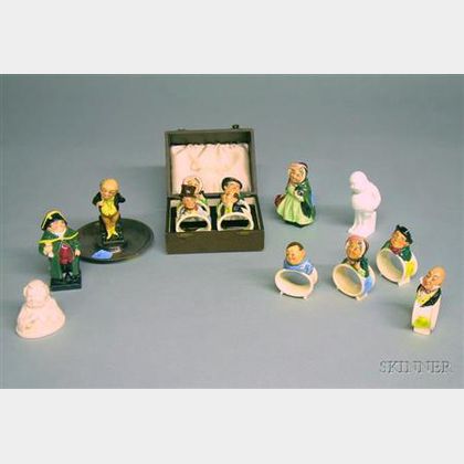 Four Royal Doulton Ceramic Dickens Figures and a Set of Eight Royal Doulton Porcelain Dickens Character Napkin Rings
