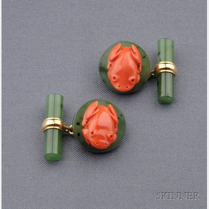 18kt Gold, Nephrite Jade and Coral Cuff Links, Villa