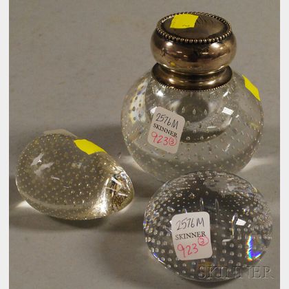 Two Colorless Trapped Air Bubble Paperweights and a Sterling Silver Covered Inkwell Paperweight. 
