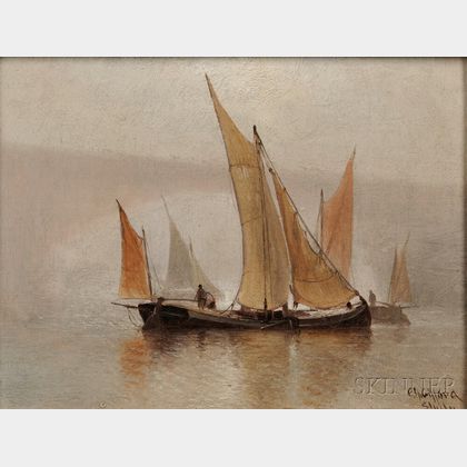 Charles Henry Gifford (American, 1839-1904) Boats Sailing Near a Bridge in Fog.
