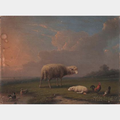 Franz Van Severdonck (Belgian, 1809-1889) Sheep and Lamb in a Spring Landscape