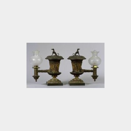 Pair of Bronze Argand Lamps with Engraved Frosted Glass Shades